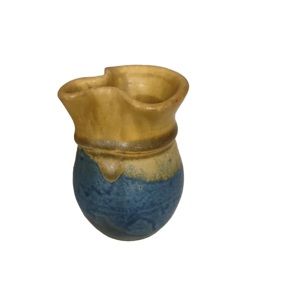 Dirtworks Studio Art Pottery Creamer Small Mini Individual Pitcher Tan & Blue